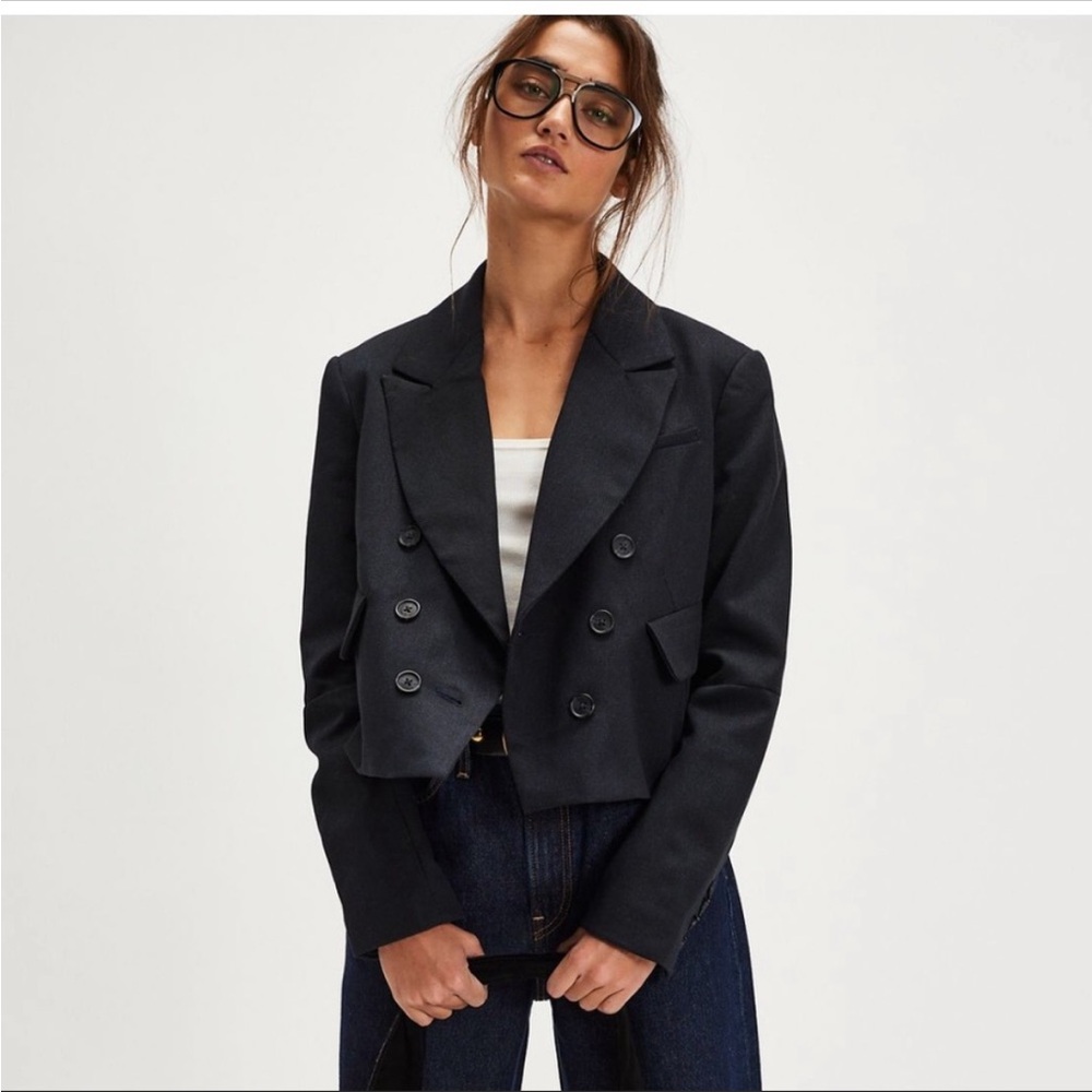 Free People Betty Double Breasted Navy Crop Blazer Size M